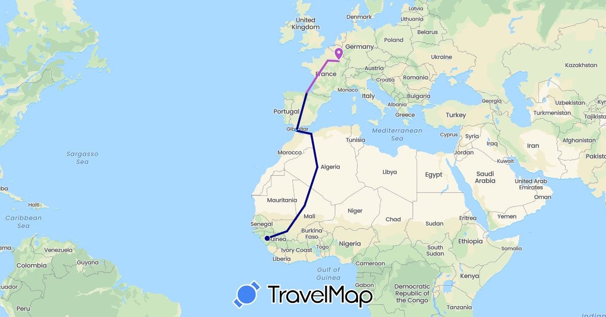TravelMap itinerary: driving, train, boat in Algeria, Spain, France, Guinea, Morocco, Mali (Africa, Europe)
